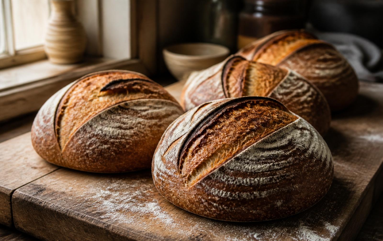 Freshly baked sourdough loaves cooling on a wooden board